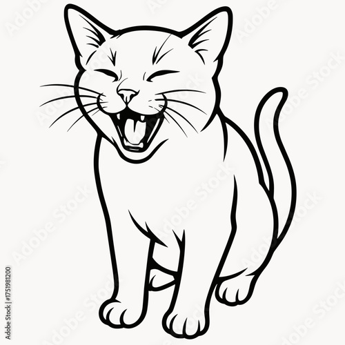 Realistic meowing cat illustration, minimal details, black and white vector, suitable for cutting plotter