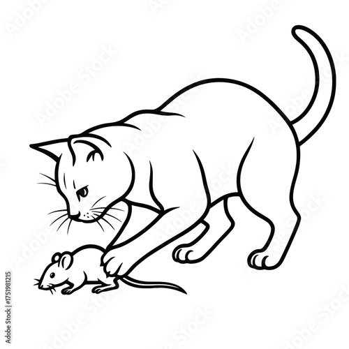 Realistic cat catching mouse illustration, minimal details, black and white vector, suitable for cutting plotter, no background