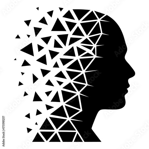 black silhouette of a human head dissolving into geometric triangles symbolizing fragmentation