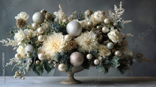 Elegant Winter Floral Arrangement with Glittering Ornaments and Creamy Dahlias