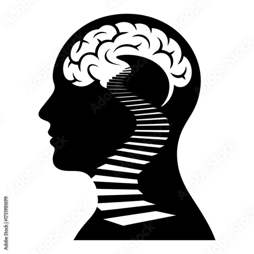 black silhouette of a human head with staircase leading to brain symbolizing knowledge and enlightenment