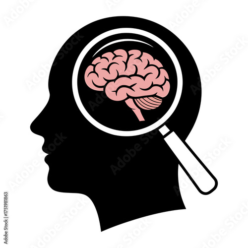black silhouette of a human head with magnifying glass focusing on brain symbolizing research and insight