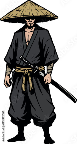 Illustration of a vagabond samurai (ronin), isolated on white background