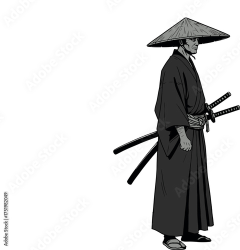 Illustration of a vagabond samurai (ronin), isolated on white background