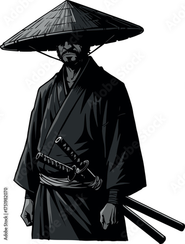 Illustration of a vagabond samurai (ronin), isolated on white background