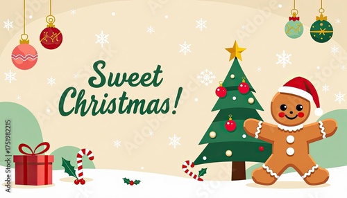 Sweet christmas greeting with a gingerbread man, decorated christmas tree, gift box, candy canes, and festive ornaments, set against a soft, snowy with falling snowflakes