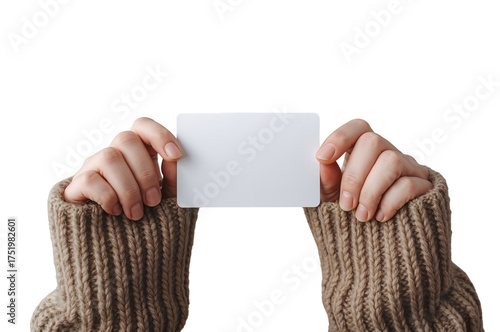 Woman holding blank card mockup studio shot