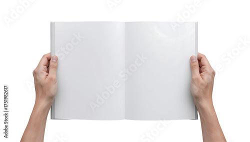 Hands holding open blank book magazine mockup