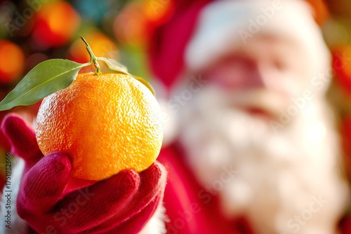 The focus is on the tangerine in Santa Claus's hand. Advertising for the sale of tangerines.