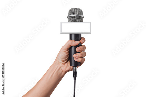 Hand holding microphone with blank banner mockup