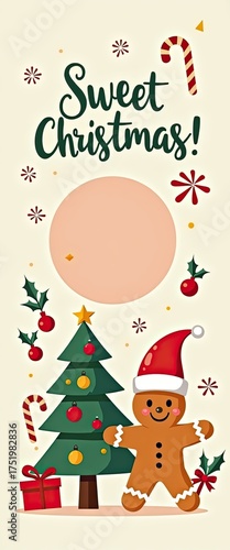 Sweet christmas greeting with a gingerbread man, decorated christmas tree, candy cane, and gift box, perfect for holiday cards and decorations