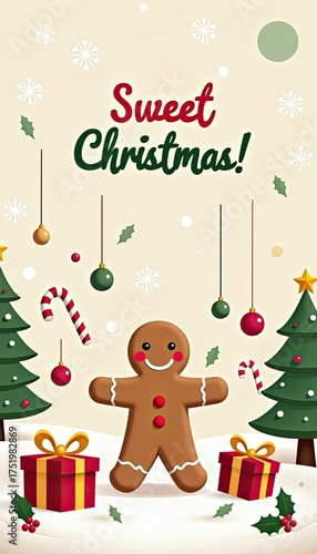 A cheerful gingerbread man stands in the snow, surrounded by christmas trees, festive gifts, and candy canes, with the words sweet christmas above, creating a warm and inviting holiday scene