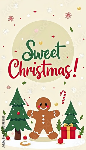 Sweet christmas greeting with a gingerbread man, christmas trees, snowflakes, and festive decorations, perfect for holiday cards and winter celebrations