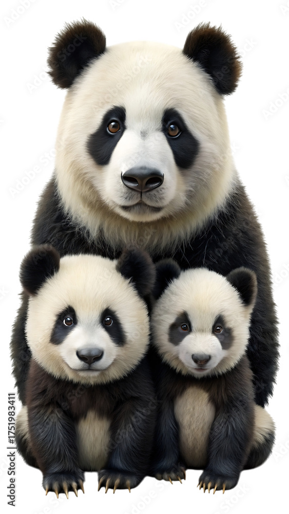 Naklejka premium Adorable giant panda family portrait gentle mother panda cuddles two playful cubs