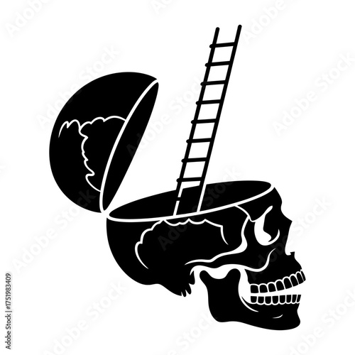 black silhouette vector of skull with open head and ladder symbolizing escape, awareness, and enlightenment