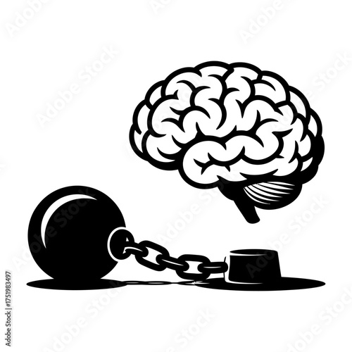 black silhouette vector of brain chained to ball symbolizing mental burden, stress, and psychological pressure