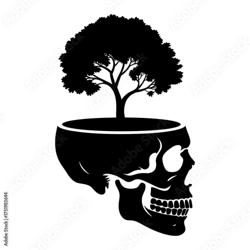 black silhouette vector of tree growing from human skull symbolizing life, death, and spiritual rebirth