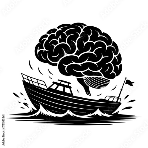 boat struggling in stormy sea with brain-shaped cloud symbolizing mental chaos, stress, and overthinking