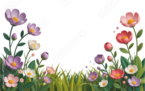 Vibrant floral border with colorful wildflowers and green grass, perfect for invitations, social media, and spring designs