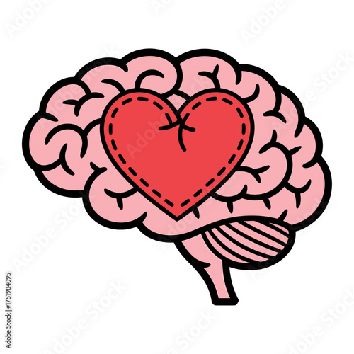 colorful vector of human brain with stitched red heart symbolizing emotional intelligence and compassion