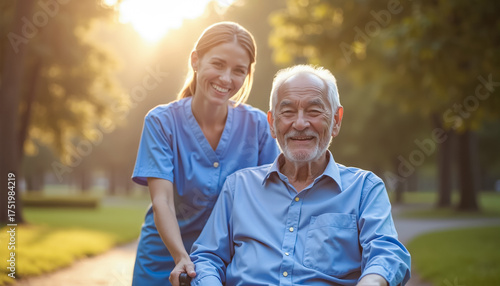 Smiling caregiver pushes an elderly man in a wheelchair through a sunny park. Represents compassionate care, health, and wellbeing in senior life
