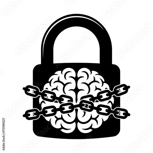 black silhouette vector of brain locked with chains and padlock symbolizing fear, stress, and mental block