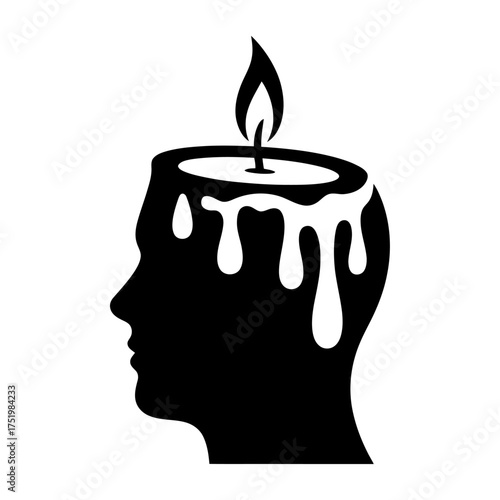 black silhouette vector of human head shaped as melting candle symbolizing stress, burnout, and exhaustion