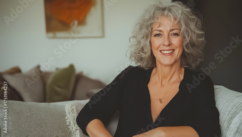 Smiling mature woman with grey curly hair relaxing on a comfortable sofa in a bright, cozy living room. A portrait of confidence and serenity