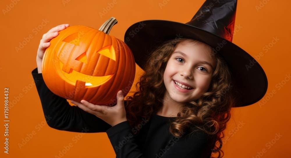 Fototapeta premium Little smiling caucasian girl dressed as a witch holding a carved pumpkin on orange background. Happy Halloween celebration banner design for a holiday party.