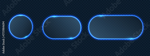 Neon light frames. Buttons set. Glowing UI elements with blur light blue transparent futuristic design.