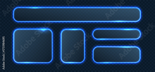 Neon light frames. Futuristic glass interface buttons set. Glowing UI shapes blue transparent vector