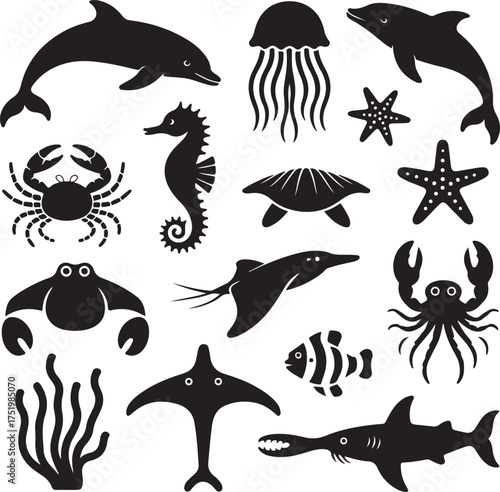Black and white illustration of marine life sea creatures collection set