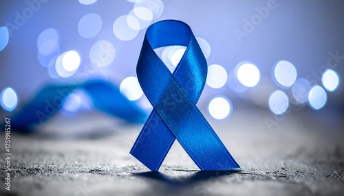 Wallpaper Mural A blue ribbon symbolizing Movember prostate cancer awareness stands upright on a gray surface with blurred blue and white bokeh lights in the background, conveying a sense of support and Torontodigital.ca