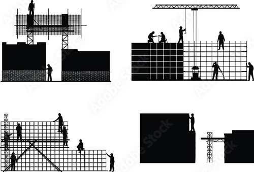 Construction workers on scaffolding, silhouette vector illustration, building site teamwork, steel framework, crane operation, industrial labor, architectural structure, black and white