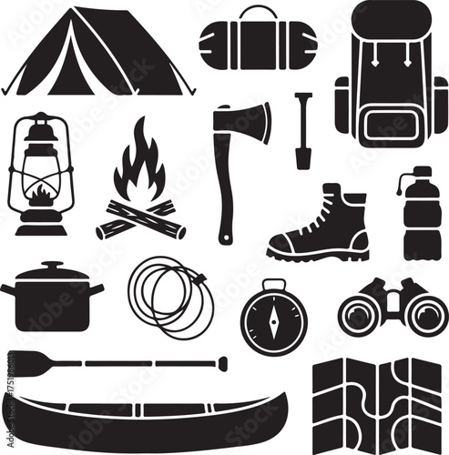 Camping and outdoor adventure equipment in monochrome silhouette illustration