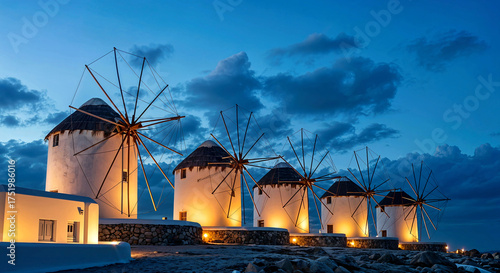 Traditional Windmills of Mykonos Illuminated at Twilight with Blue Sky for Cultural Heritage and Travel Visual
