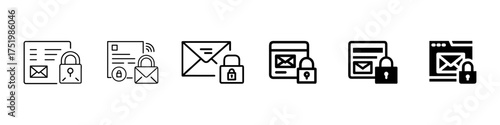 Set of secure email, document, privacy icons, locked message, data protection, confidential communication symbols in outline styles, Email Privacy, Cyber Security, Data Protection Outline Icons Set