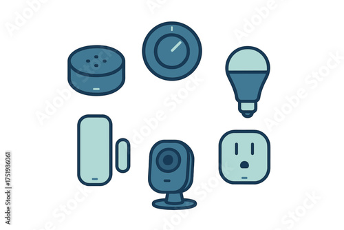 Set of smart home automation devices icons including speaker camera light bulb and sensor