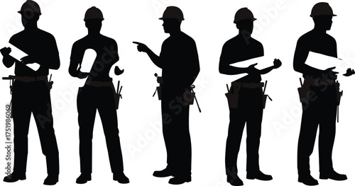 Construction workers silhouette, team planning, blueprint review, engineering coordination, hard hat professionals, site management, teamwork illustration, vector design, occupational safety