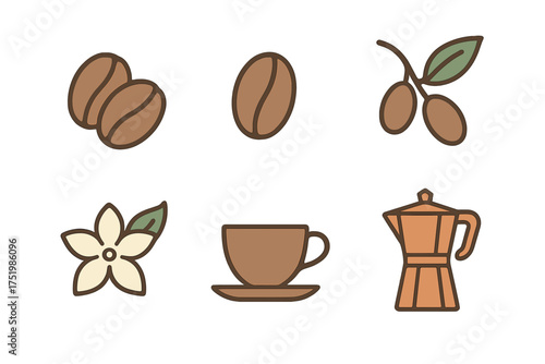 Stylized collection of coffee elements: roasted beans, flowering blossom, fresh cherries, cup, and Moka pot