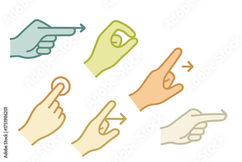 Collection of hand movements indicating common digital interface commands and touch controls