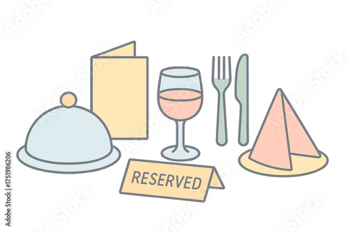 Reserved dining table setting with menu, wine glass, silverware, and food cloche