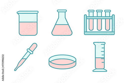 Essential chemistry laboratory equipment set including beaker, flask, test tubes, pipette, and petri dish
