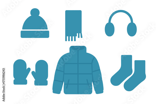 Essential winter clothing collection including jacket, hat, scarf, mittens, and socks