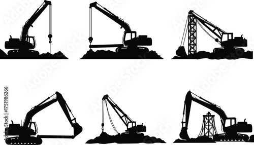 Excavator silhouettes, construction machinery, heavy equipment icons, industrial diggers, vector illustration set, lifting, digging, building, engineering, black isolated graphics