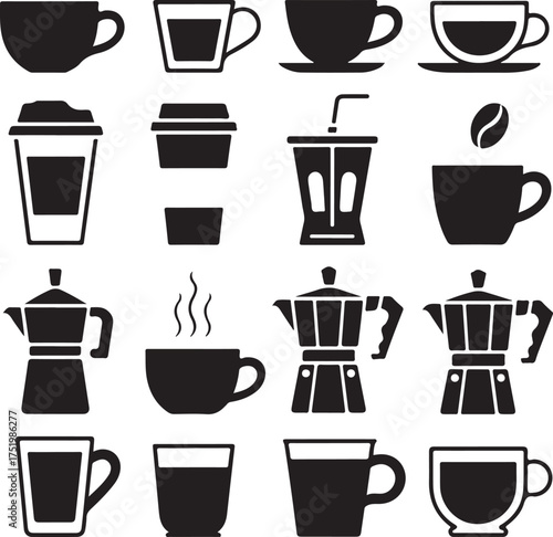 Coffee Cup Icon Set Black and White Vector Illustration Art