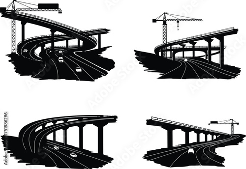 Highway overpass construction vector, elevated roadway with crane, infrastructure development scene, black and white silhouette, urban transport, engineering illustration