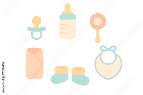 Newborn baby essentials collection including pacifier, bottle, rattle, swaddle, and booties
