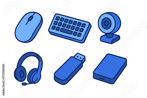 Blue isometric computer hardware set including mouse keyboard webcam and storage devices
