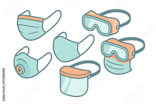 Collection of personal protective equipment including various face masks safety goggles and shield